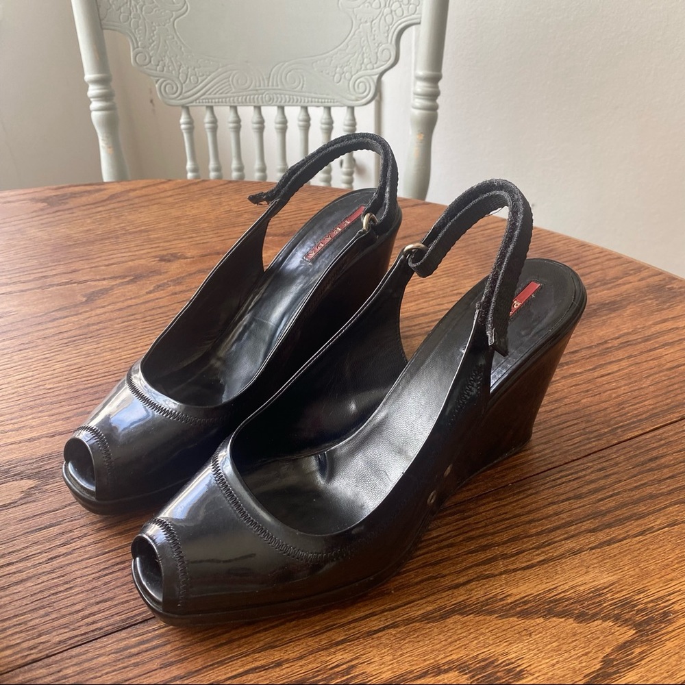 90’s-Y2K Vintage Prada Black Patent Leather Wedges